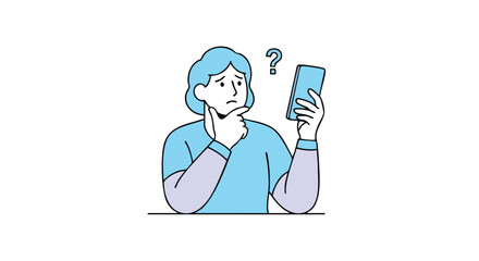 Confused person holding smartphone with question mark above, seeking answers online