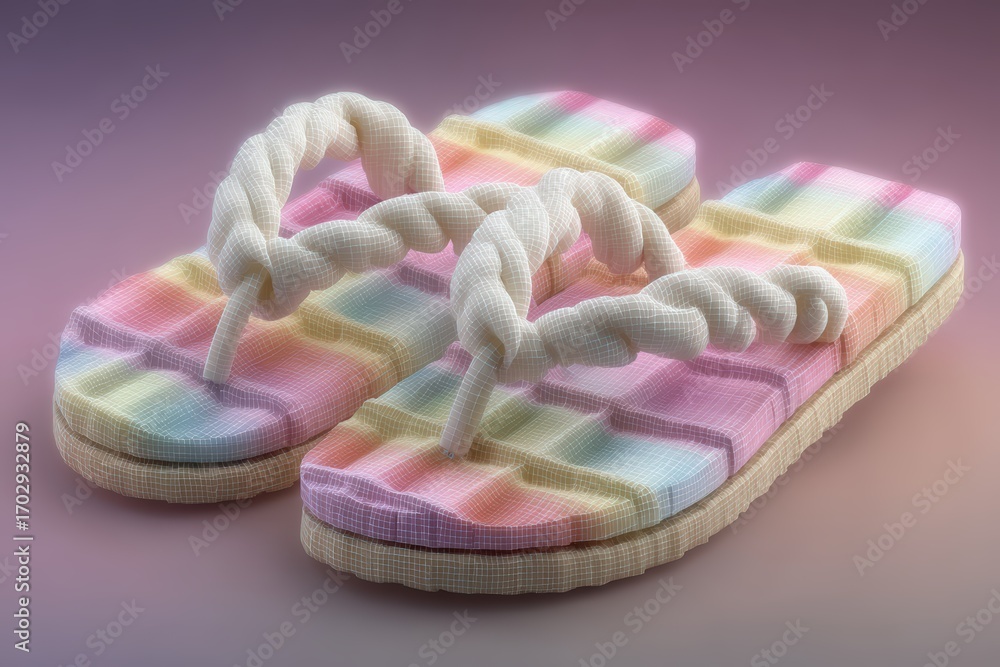 Poster playful pastel colored flip-flops with braided straps and a soft textured pattern emphasizing summer
