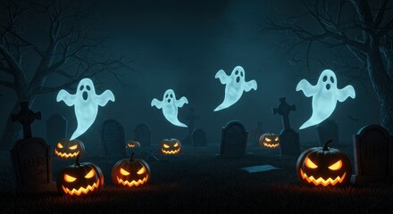 Spooky Halloween Scene with Ghosts, Pumpkins, and Eerie Cemetery Atmosphere Under a Dark Night Sky