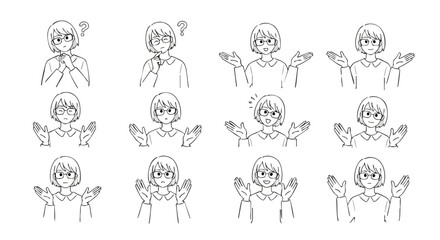 Diverse expressive poses of a woman showing confusion, excitement, and uncertainty