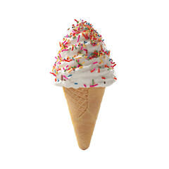 A delightful ice cream cone topped with a swirl of sweet cream and colorful candy sprinkles Perfect for a hot day !