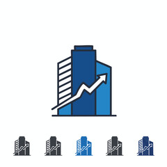 Obraz premium This modern corporate building icon with an upward trending arrow symbolizes strong business growth, real estate investment success, and financial market progress.
