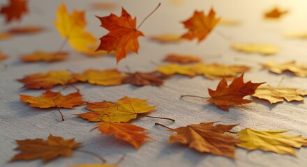 Vibrant Autumn Leaves Falling in a Forest with Soft Sunlight