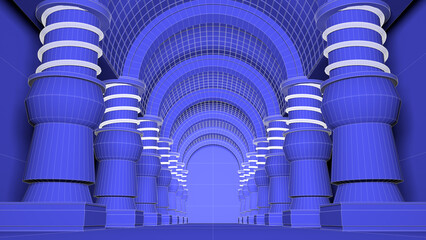 3D rendering of a fantasy epic temple environment illustrated in blueprint style with intricate detail of white lines and blue base color