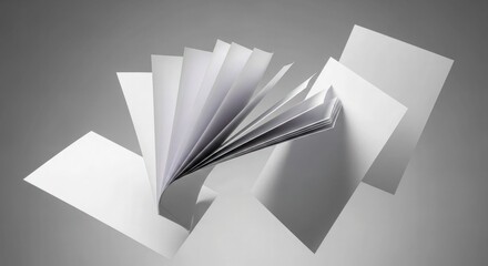 Modern abstract design featuring crisp white papers floating on a neutral gray backdrop creates a sense of organization, perfect for showcasing innovative ideas and creative concepts