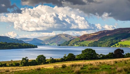 Majestic view of Loch Tay surrounded by rolling hills and dramatic clouds