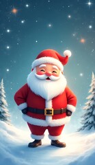 Fototapeta premium Smiling Santa Wonderland: A cute cartoon Santa standing in a snowy wonderland with twinkling stars and lovely background.