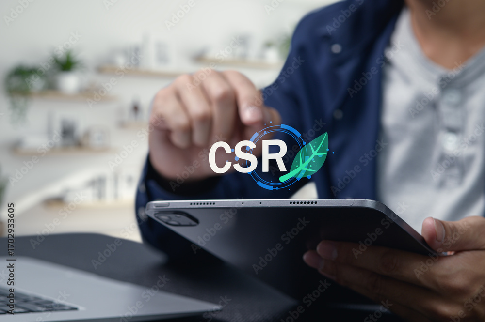 Poster engaging digital interaction with csr concept on a tablet device