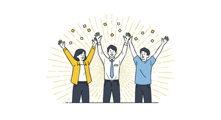 Joyful team celebrates success with raised arms and confetti, radiating positive energy and achievement