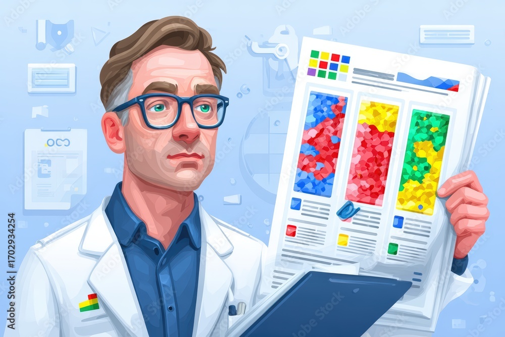 Poster analytical researcher examining colorful data visualizations in lab environment reflecting modern sc