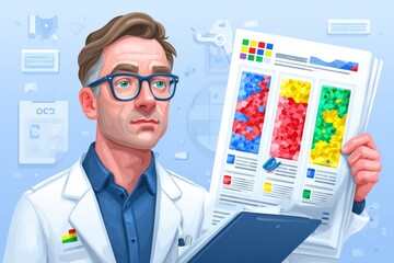 Analytical researcher examining colorful data visualizations in lab environment reflecting modern science and innovation focusing on data-driven insights for decision making