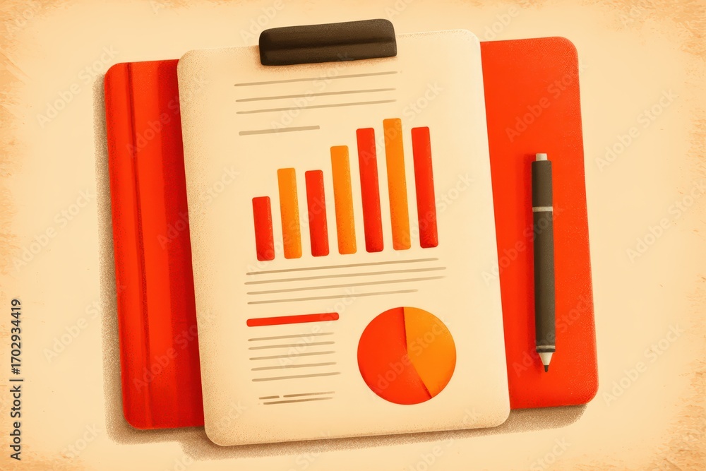Poster modern report showcasing data analysis with a vibrant arrangement of bar graphs and pie charts on a 