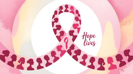 Breast Cancer Awareness Month Pink Ribbon with Flowers Illustration on Pastel Background &ndash; Health, Hope, Support, Women Empowerment Concept Digital Art