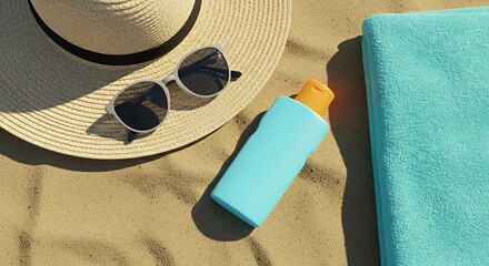 Flat lay of a beach day setup with a straw hat, sunglasses, sunscreen, and a towel on the sand  Professional Royalty-Free Image