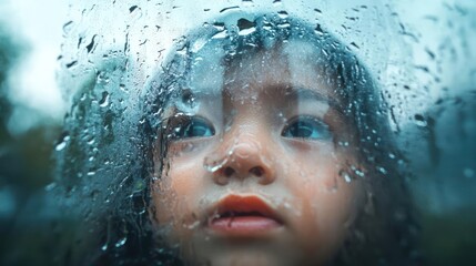 Contemplative child gazing through rain-streaked glass, capturing a moment of quiet reflection on