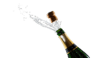 Champagne bottle popping with cork flying and liquid splashing isolated on transparent background for celebration