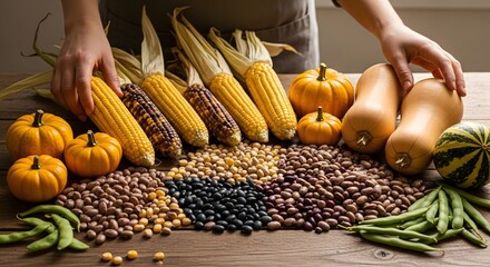 A person's hands arrange a vibrant autumn harvest featuring multiple corn cobs, diverse beans, and various pumpkins on a rustic wooden surface.