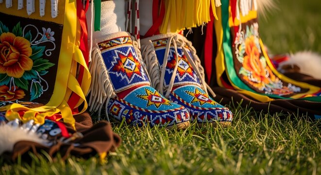 Close-up of intricately beaded Indigenous moccasins and colorful traditional regalia standing on green grass.