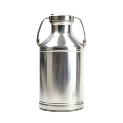 Shiny stainless steel canister with handle stands out against a stark transparent background highlighting its sleek design