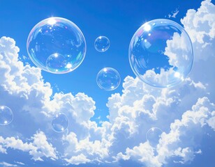 Whimsical transparent bubbles float in a bright blue sky with fluffy clouds. Evokes lightness, dreams, and joy.