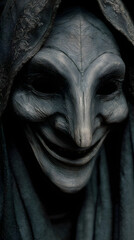Dark sinister hooded face with eerie smile and hollow eyes