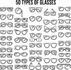Outline Illustration of 50 Diverse Glasses Styles: A Comprehensive Collection of Eyewear Designs