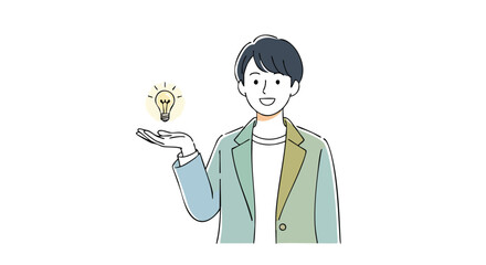 Man happily presenting a brilliant idea with a glowing lightbulb in his outstretched hand