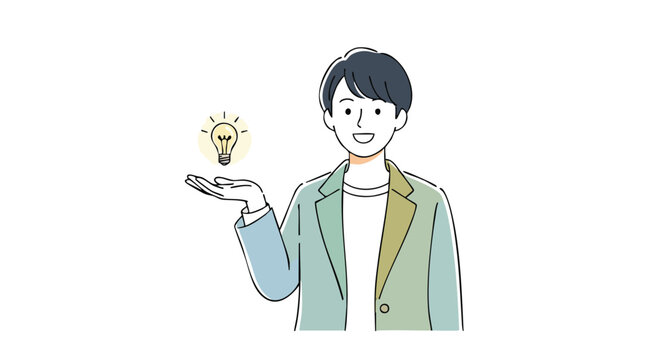 Man happily presenting a brilliant idea with a glowing lightbulb in his outstretched hand
