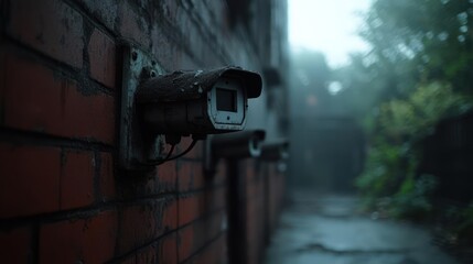Overcast surveillance: A series of cameras mounted on a weathered brick wall observe a misty urban