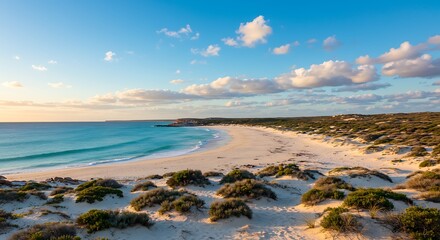 An empty, serene beach along the coast of Western Australia, a pristine and untouched location  High-Quality  Photo