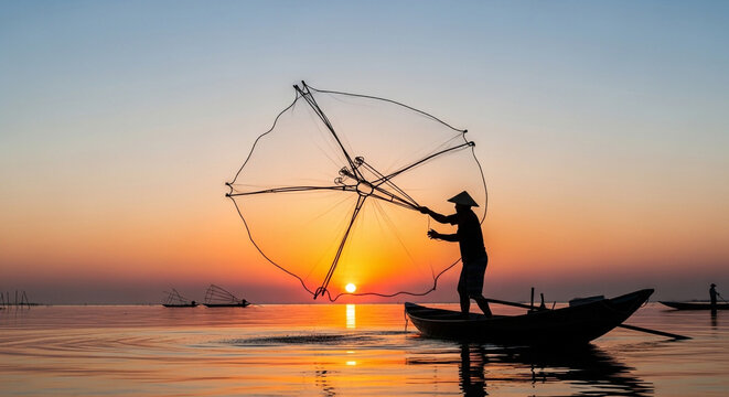 Fisherman casts net at sunrise, silhouetted against vibrant sky, traditional boat life on calm water