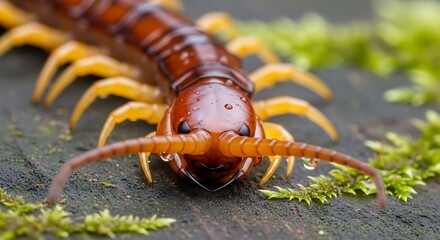 Detailed closeup of a centipede with dew drops, showcasing its segmented body and many legs