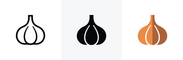 Garlic Bulb Icon Variations Outline, Solid Black, and Orange Flat Design Illustration