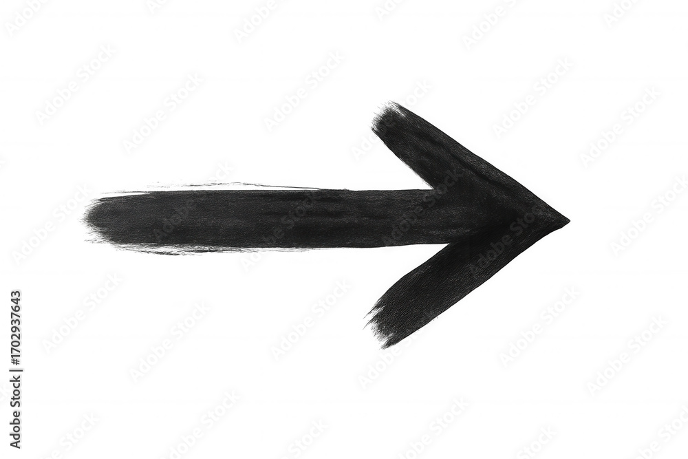Poster black grunge arrow pointing right, created with brush strokes on a transparent background, symbolizi