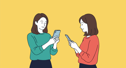 Two friends happily sharing content on their smartphones, connecting digitally in a vibrant, modern style.