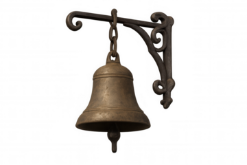 Old, weathered metal bell hangs from a decorative wrought iron bracket, isolated on a transparent background, ready for easy integration into any design