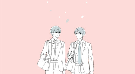 Two young men in stylish suits carrying bags, sharing a moment against a soft pink background