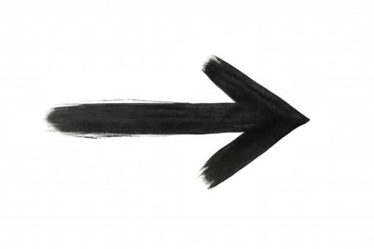 Black grunge arrow pointing right, created with brush strokes on a transparent background, symbolizing direction and forward movement