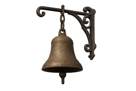 Old, weathered metal bell hangs from a decorative wrought iron bracket, isolated on a transparent background, ready for easy integration into any design