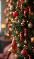 Garland of Joy: A colorful Xmas garland decorated with candy canes, baubles, and twinkling fairy lights.