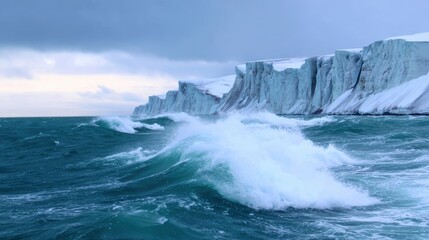Majestic icy cliffs rise above turbulent waves under a moody sky, showcasing nature's raw beauty