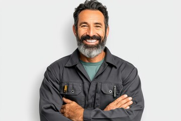 Confident middle-aged man with a well-groomed beard smiling warmly wearing industrial work attire exuding professionalism and approachability in a neutral backdrop