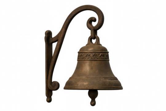 Vintage metal bell suspended from ornate wall bracket, displaying rustic patina against transparent backdrop, embodying nostalgic decorative craftsmanship