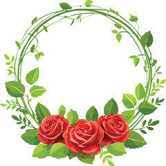 Red Roses and Greenery Vector Wreath Design