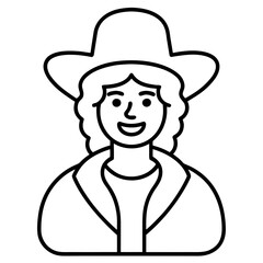 Stylized outline of a smiling person wearing a wide brimmed hat and a jacket silhouette