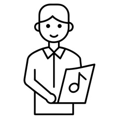 Person holding sheet music with musical note symbol in a simple line drawing silhouette style