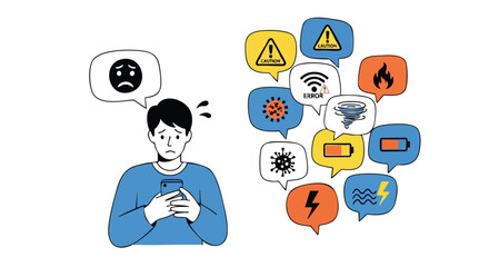 Stressed person overwhelmed by constant notifications and alerts on smartphone screen