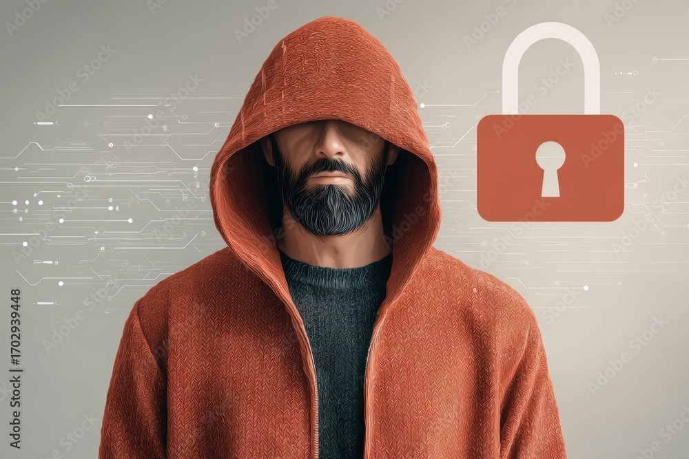 Poster a bearded man in a red hoodie conveys mystery and security surrounded by digital elements emphasizin