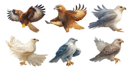 Fototapeta premium Detailed Study of Various Hawk Illustrations with Distinctive Colors and Styles