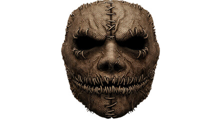 Scary scarecrow mask with burlap texture isolated on transparent background, perfect for halloween costume party